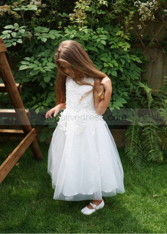 Ivory Lace Tulle Tea Length Lovely Flower Girl Dress Ivory Lace Tulle Tea Length Lovely Flower Girl Dress